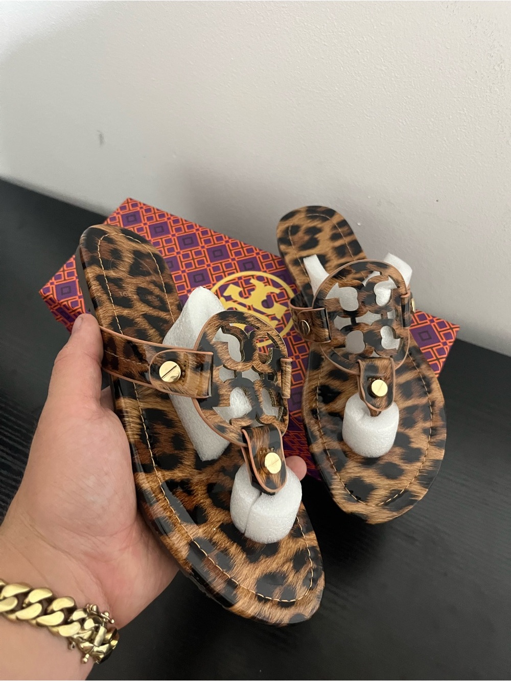 Tory Burch Leopard-Print Miller Thong Sandal with Gold Accents